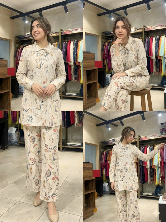 Beige & Earthy Floral Print Button-Down Co-Ord Set