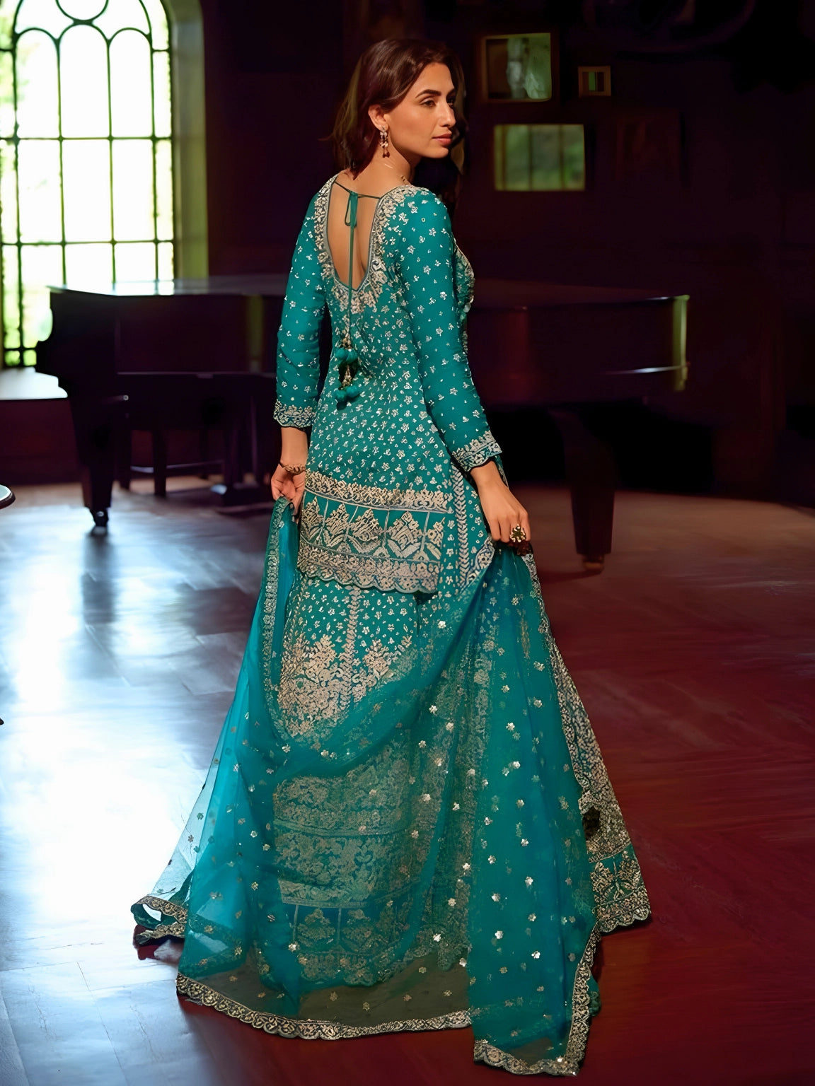 Teal Blue Heavy Embroidered Kurti with Flared Skirt Set