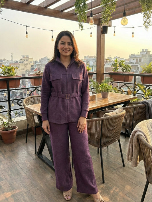 Purple Zip-Front Belted Co-Ord Set