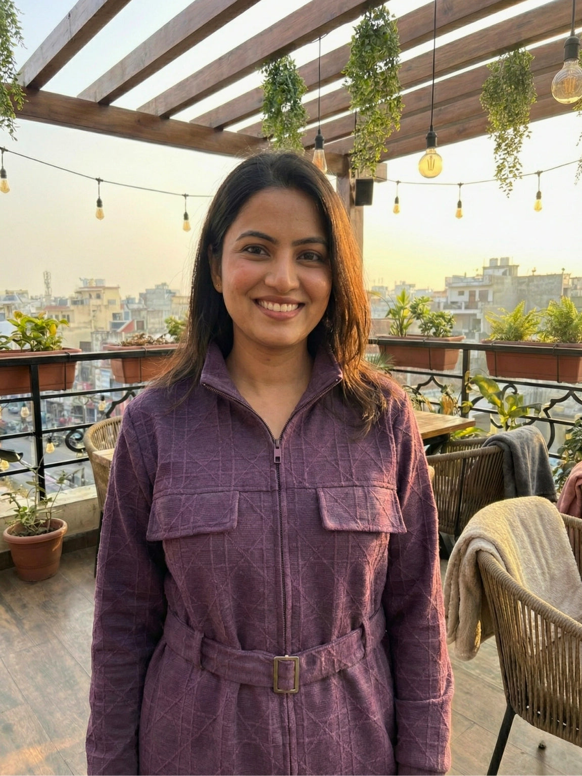 Purple Zip-Front Belted Co-Ord Set