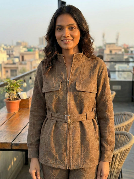 Mocha Brown Geometric Zip-Up Jacket & Pant Co-Ord Set