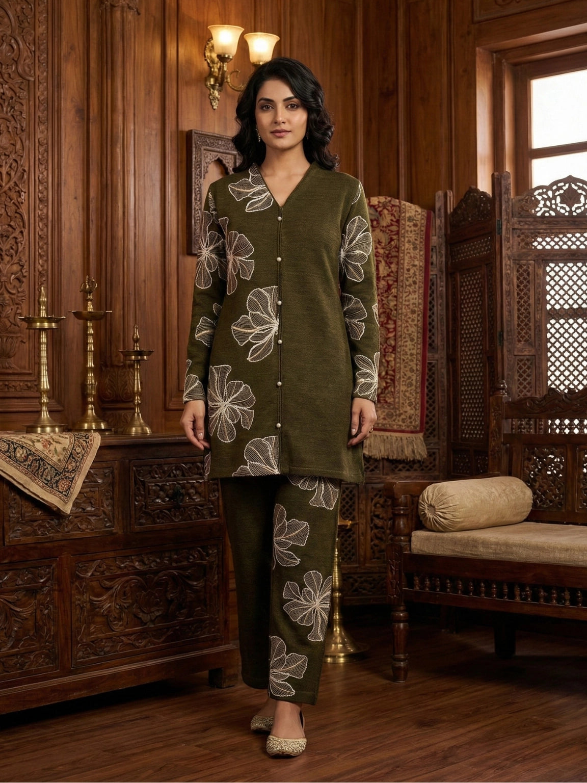 Olive Green Floral Pattern Button-Down Co-Ord Set