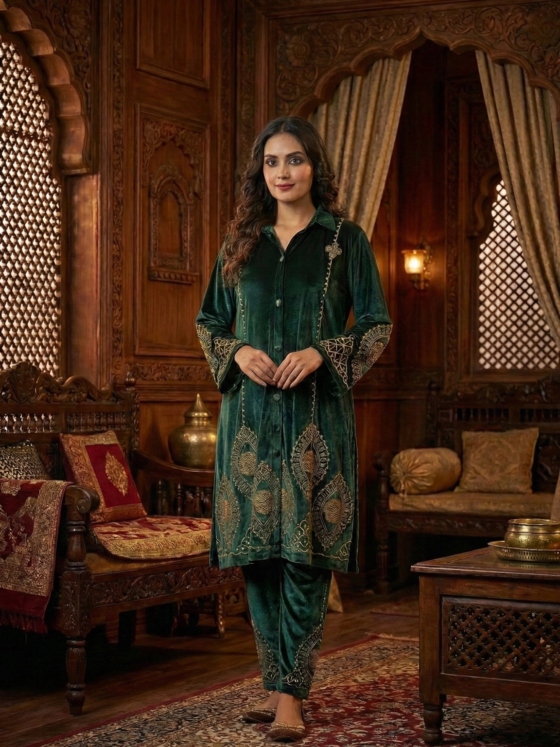 Emerald Green Embroidered Button-Down Co-Ord Set