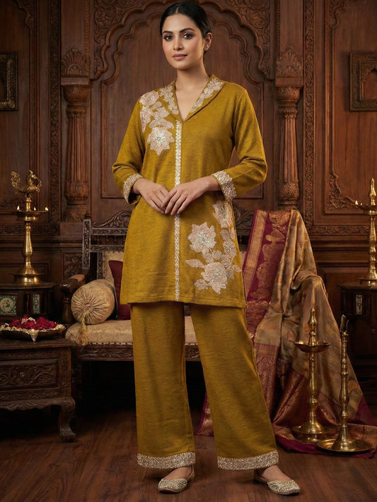 Mustard Gold Floral Embroidered Collar Neck Co-Ord Set