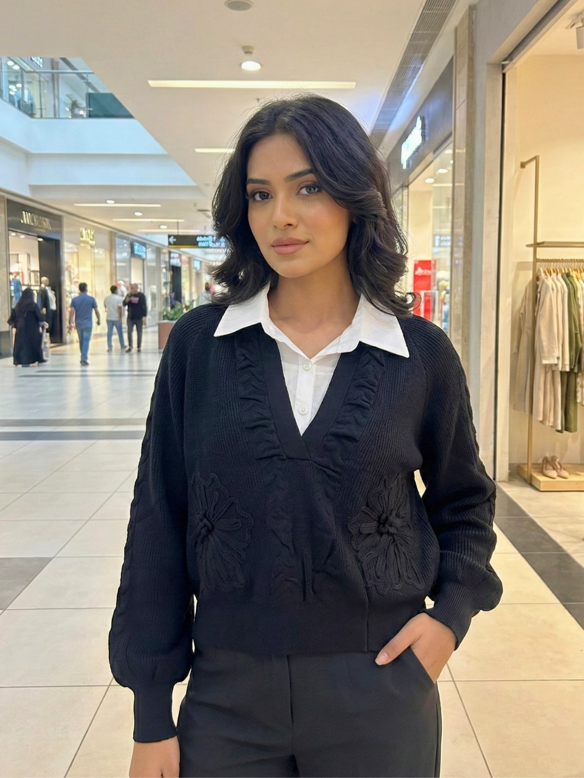 Elegant Black Floral Textured Cable Knit Pullover