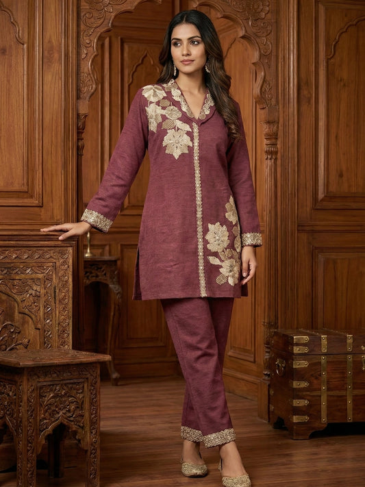 Maroon Embroidered Lapel Neck Co-Ord Set