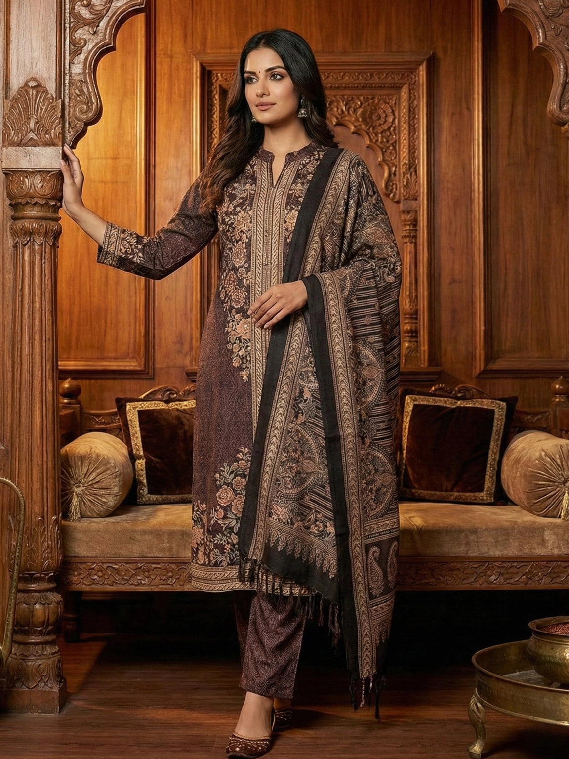 Coffee Brown & Beige Printed Winter Suit Set