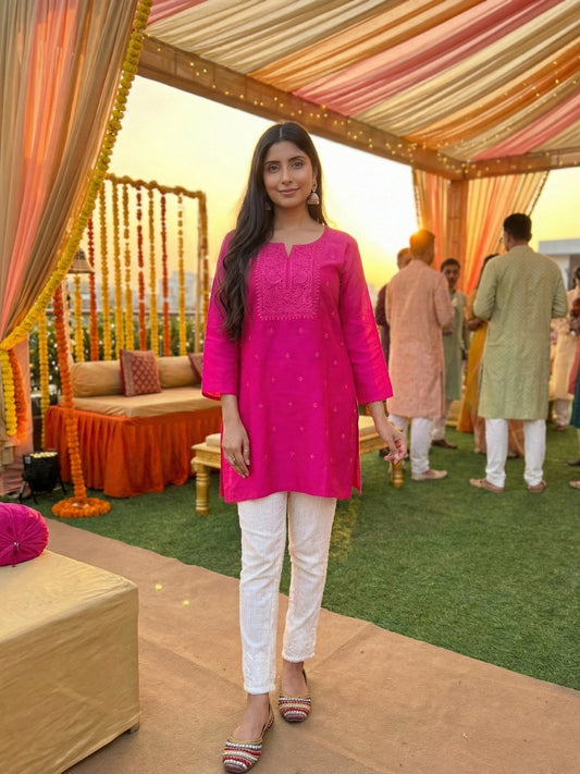 Hot Pink Embroidered Short Kurta