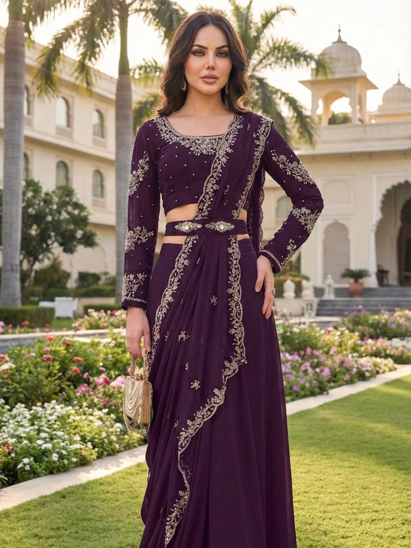 Deep Wine Embroidered Drape Saree with Belt — image 1