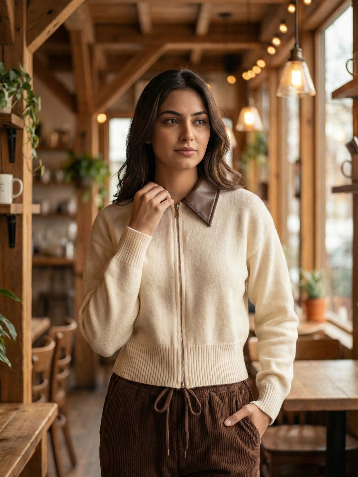 Cream & Cocoa Brown Contrast Collar Two-Piece Set