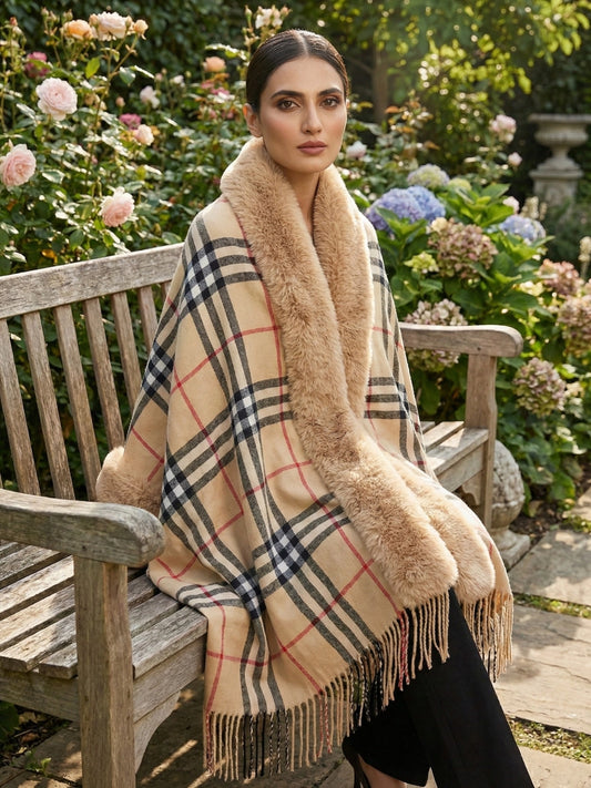 Camel Plaid Faux Fur Trimmed Cape