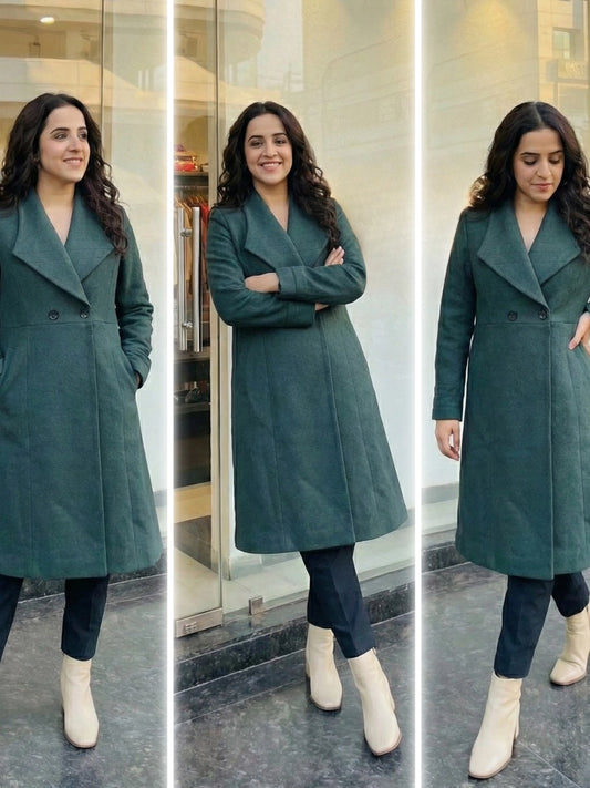 Forest Green Wide-Lapel Long Coat