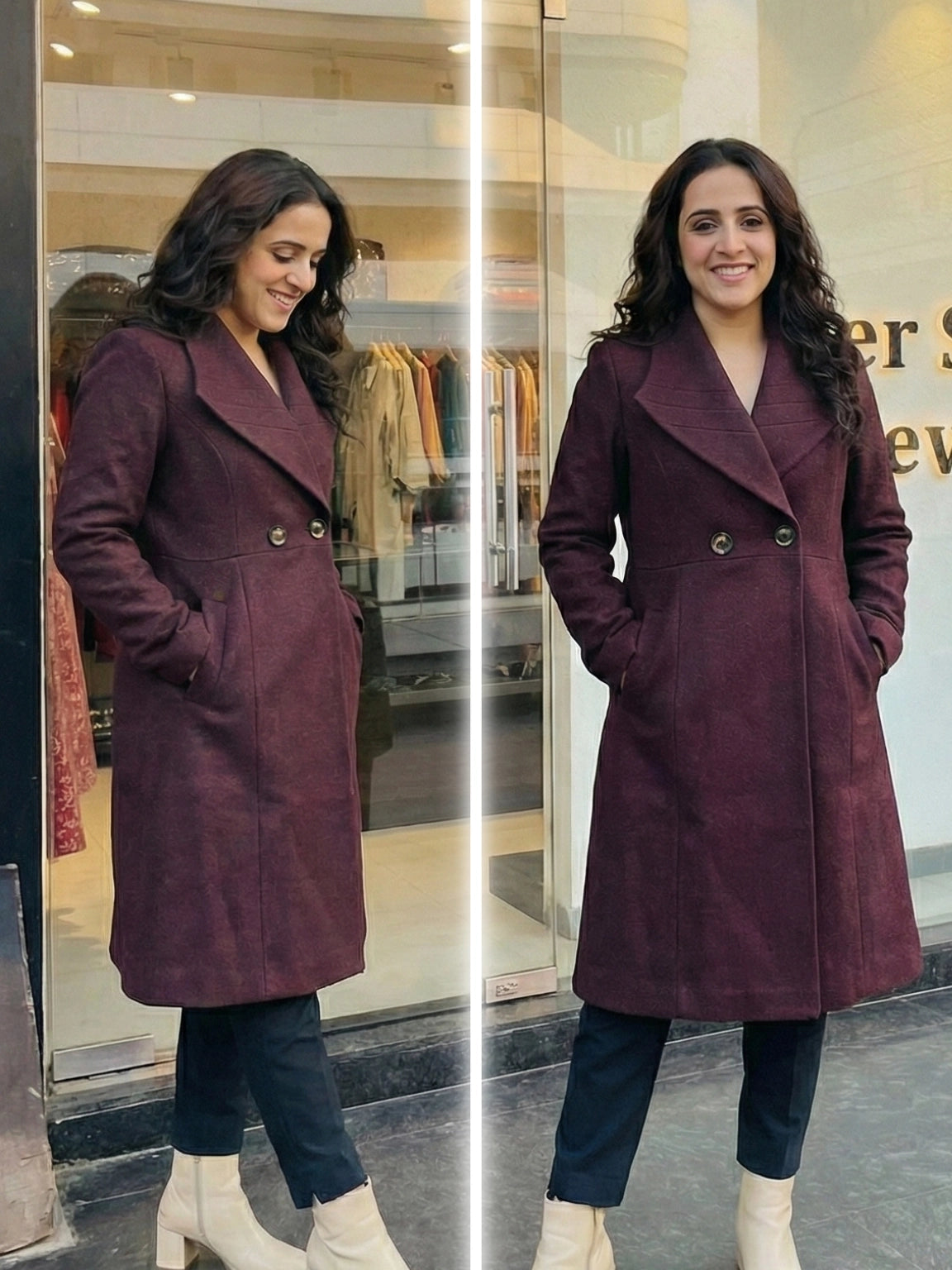 Deep Maroon Lapel Collar Long Coat