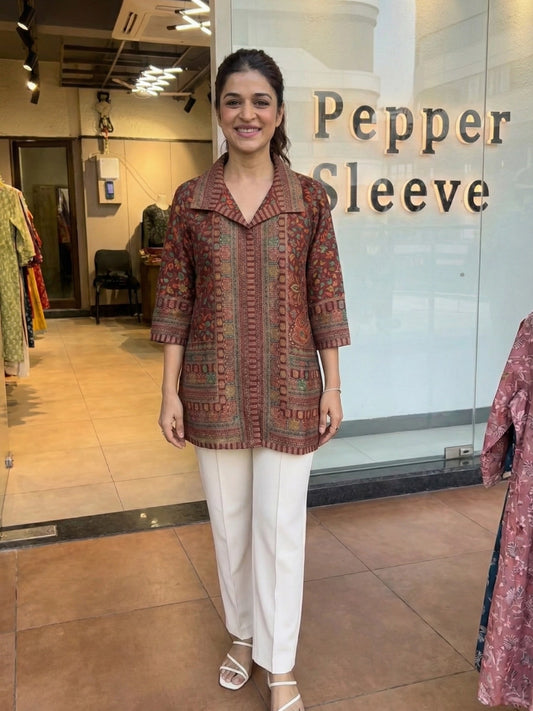 Rust & Brick Red Printed Collared Top
