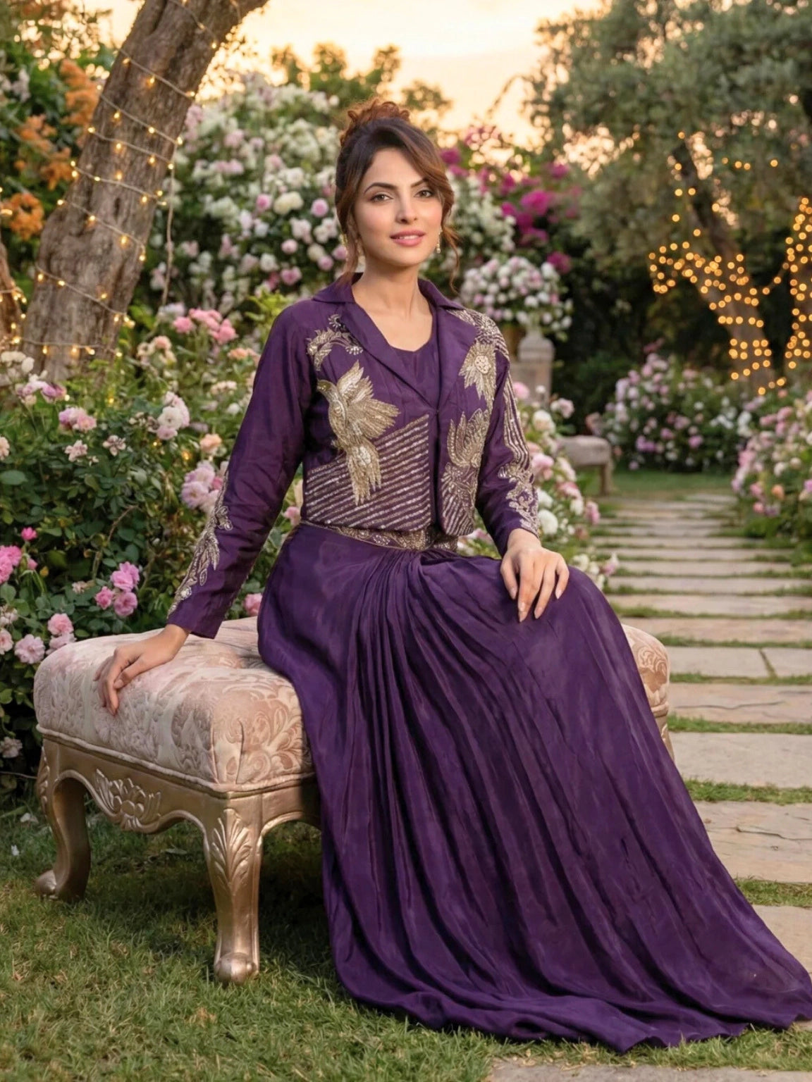 Regal Deep Purple Embroidered Jacket with Draped Skirt Set