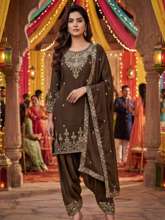 Exquisite Chocolate Brown Embroidered Punjabi Suit Set