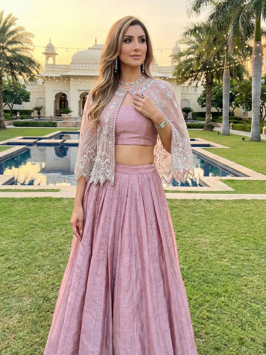 Dusty Pink Embroidered Cape Style Indo-Western Set