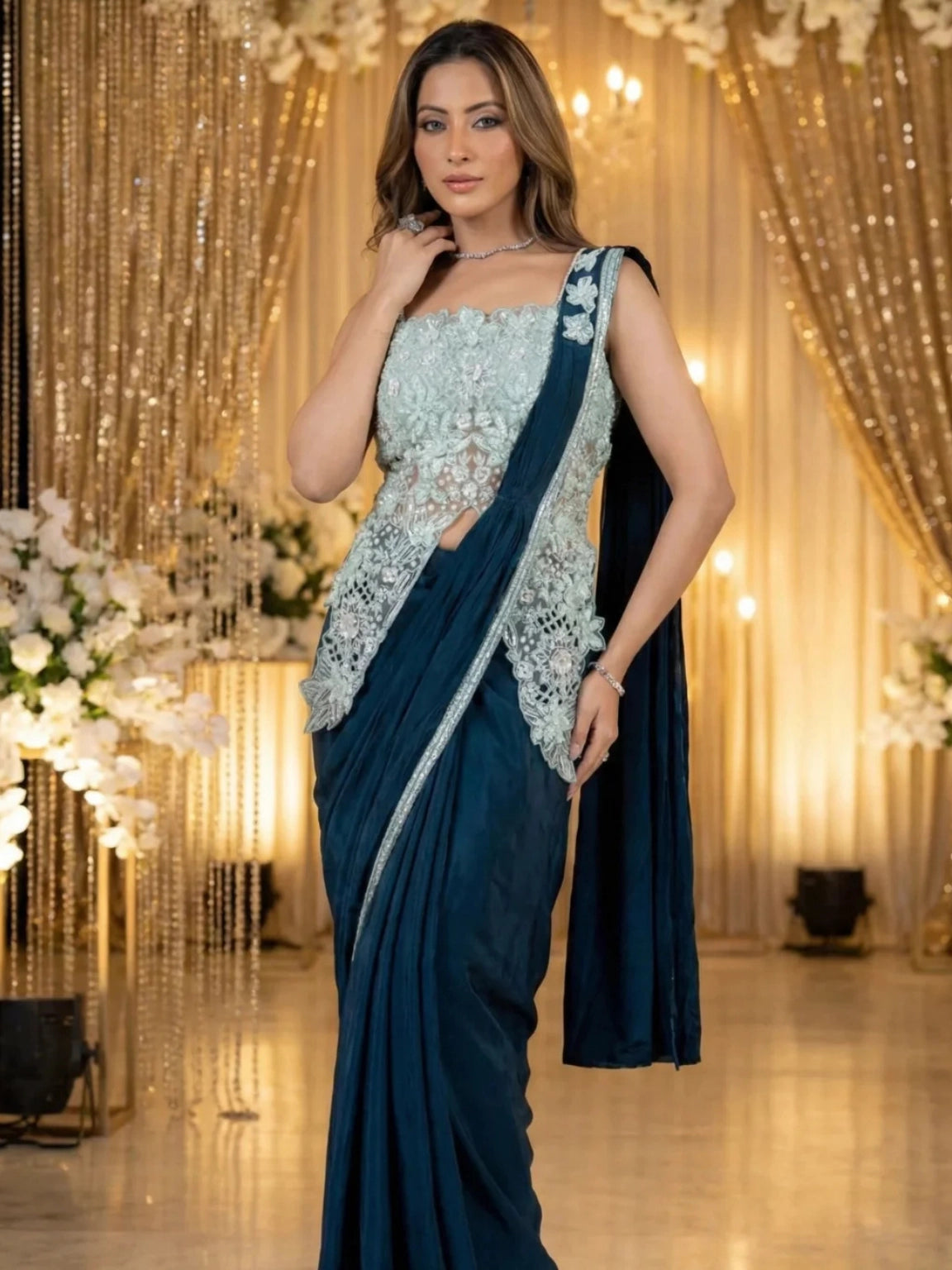 Peacock Blue & Icy Mint Embroidered Fusion Saree Set