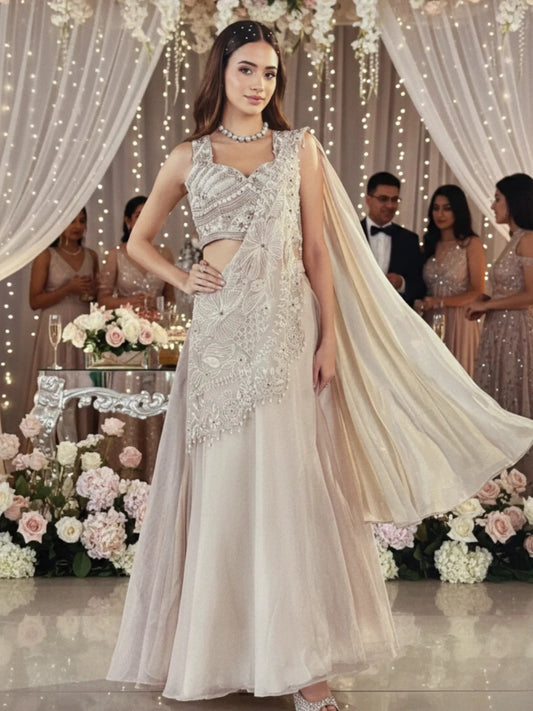 Embroidered Pre-Draped Fusion Saree Gown