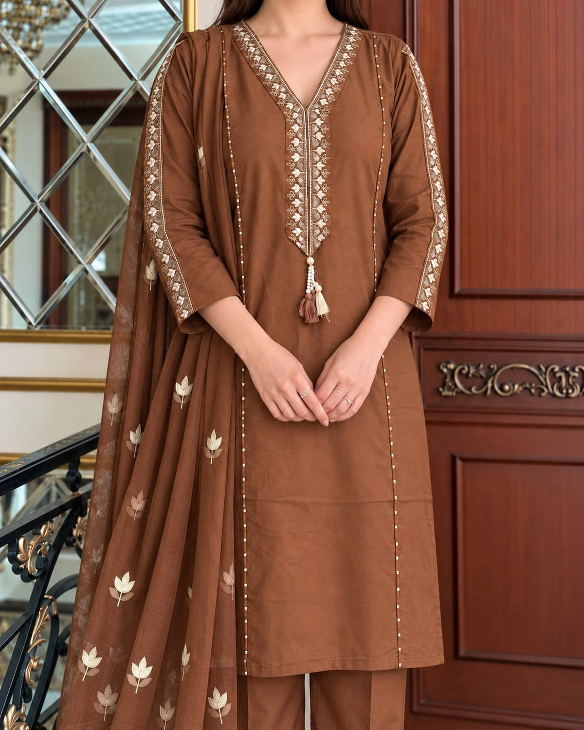 Mirror Embroidered Cotton Kurta Pant Dupatta Set