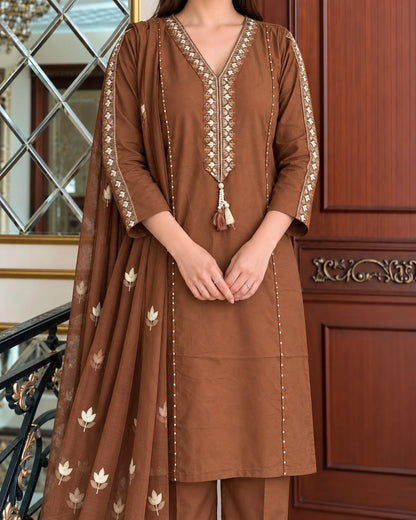 Mirror Embroidered Cotton Kurta Pant Dupatta Set