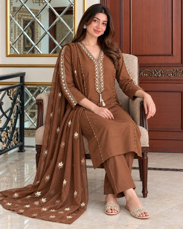 Mirror Embroidered Cotton Kurta Pant Dupatta Set