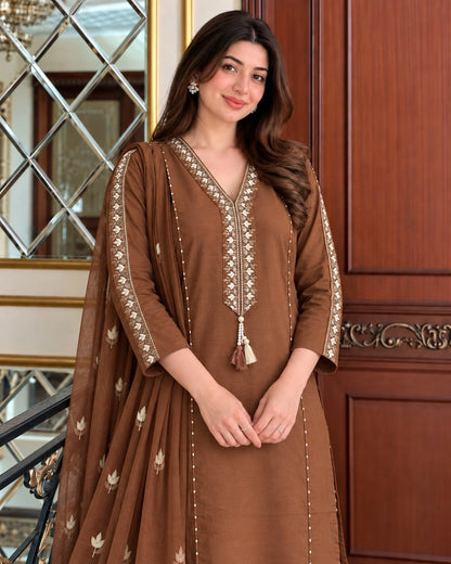 Mirror Embroidered Cotton Kurta Pant Dupatta Set