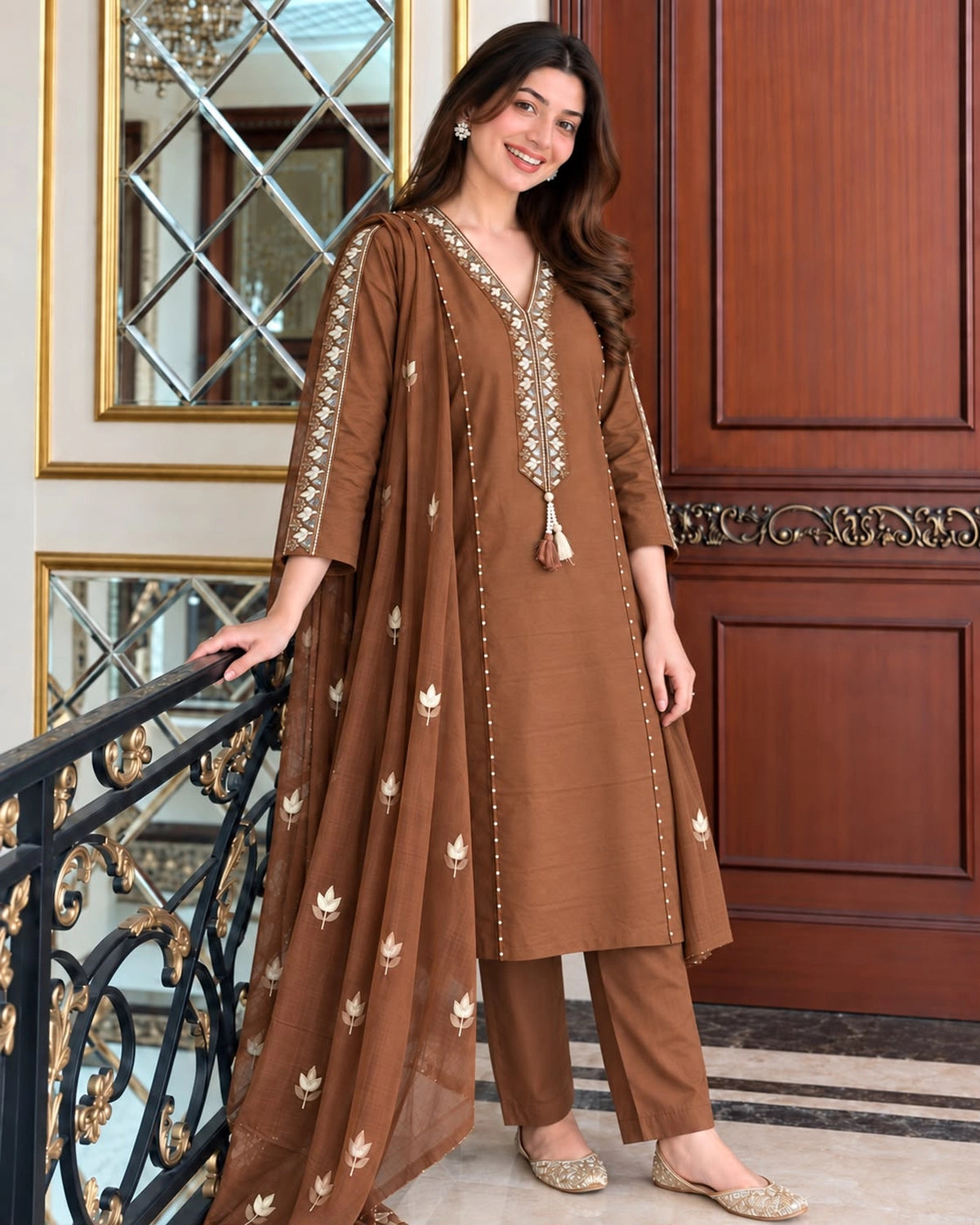 Mirror Embroidered Cotton Kurta Pant Dupatta Set