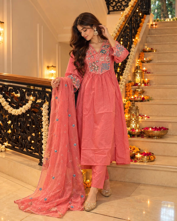 Multicolour Floral Embroidered Cotton Anarkali Kurta Pant Dupatta Set