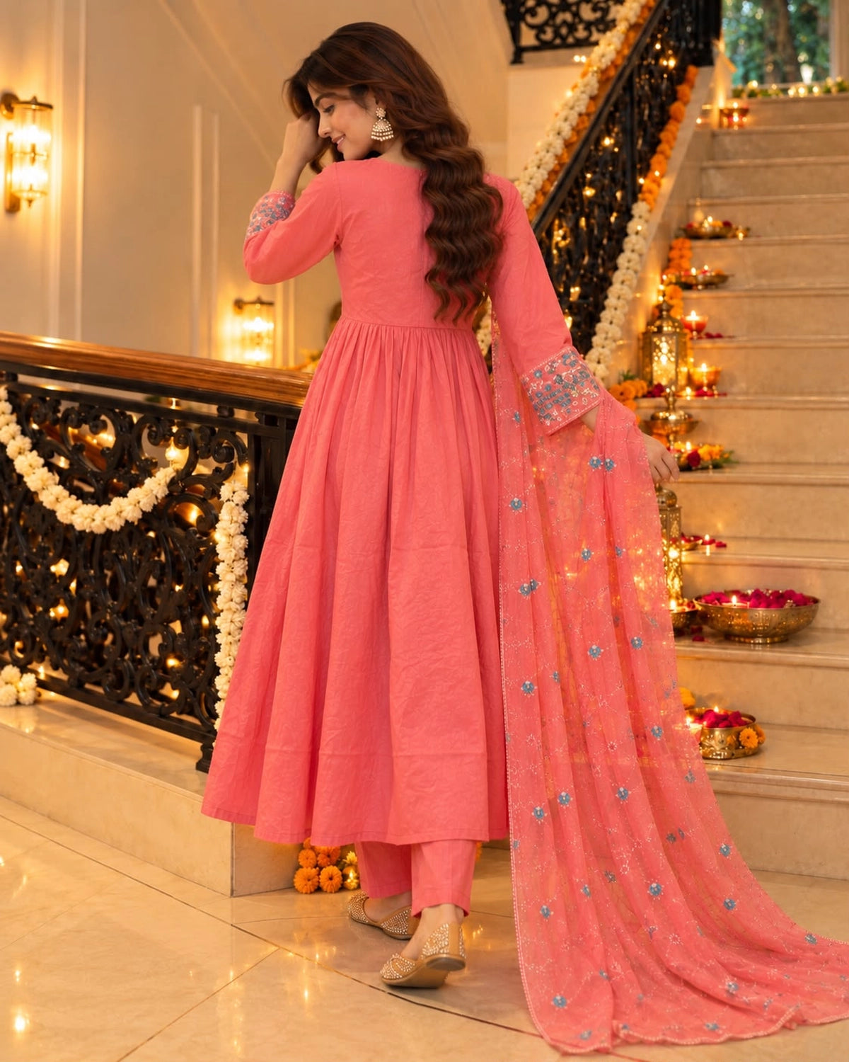Multicolour Floral Embroidered Cotton Anarkali Kurta Pant Dupatta Set
