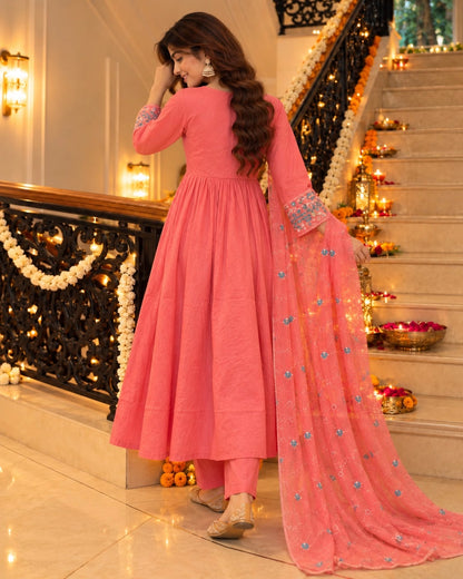 Multicolour Floral Embroidered Cotton Anarkali Kurta Pant Dupatta Set