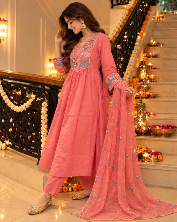 Multicolour Floral Embroidered Cotton Anarkali Kurta Pant Dupatta Set — image 2