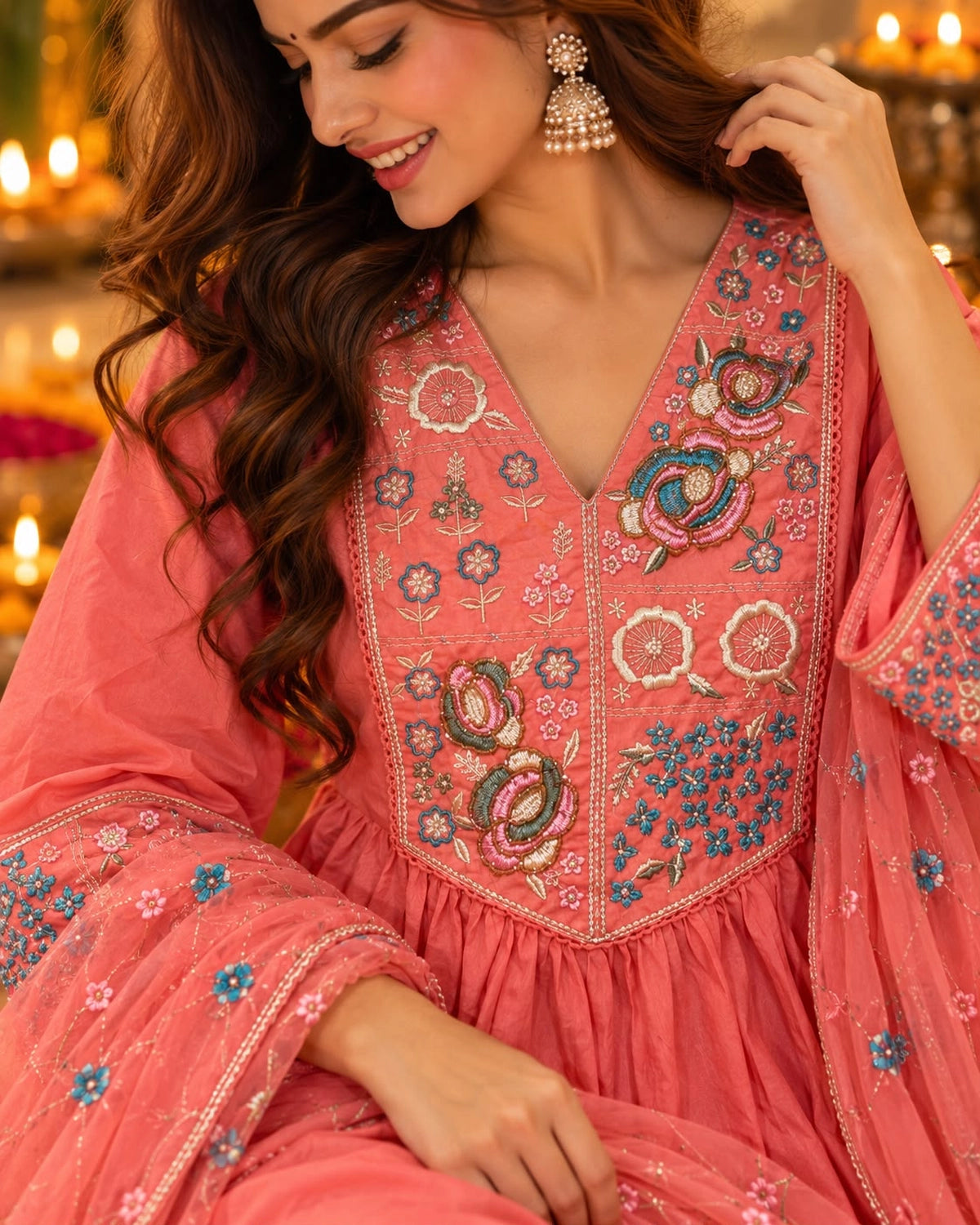 Multicolour Floral Embroidered Cotton Anarkali Kurta Pant Dupatta Set
