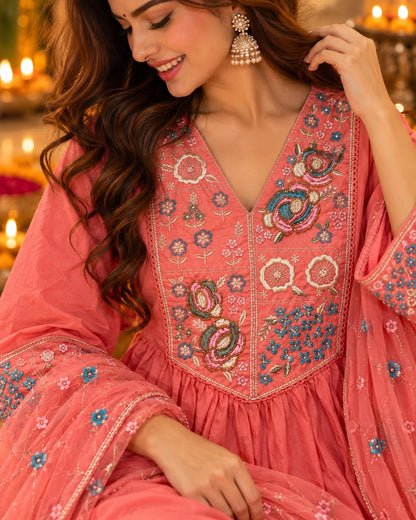 Multicolour Floral Embroidered Cotton Anarkali Kurta Pant Dupatta Set