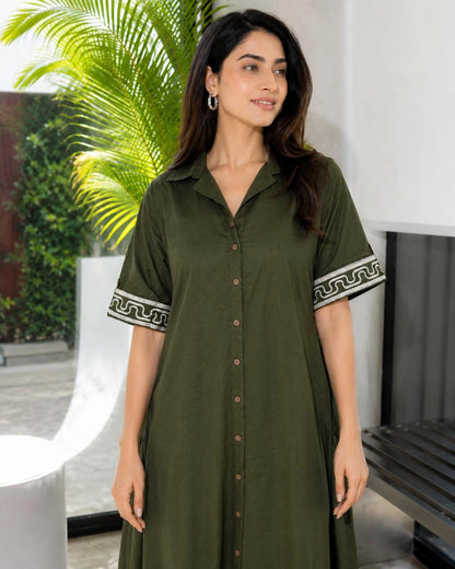 Spiral Border Print Collared Cotton Midi Shirt Dress