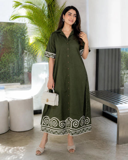 Spiral Border Print Collared Cotton Midi Shirt Dress