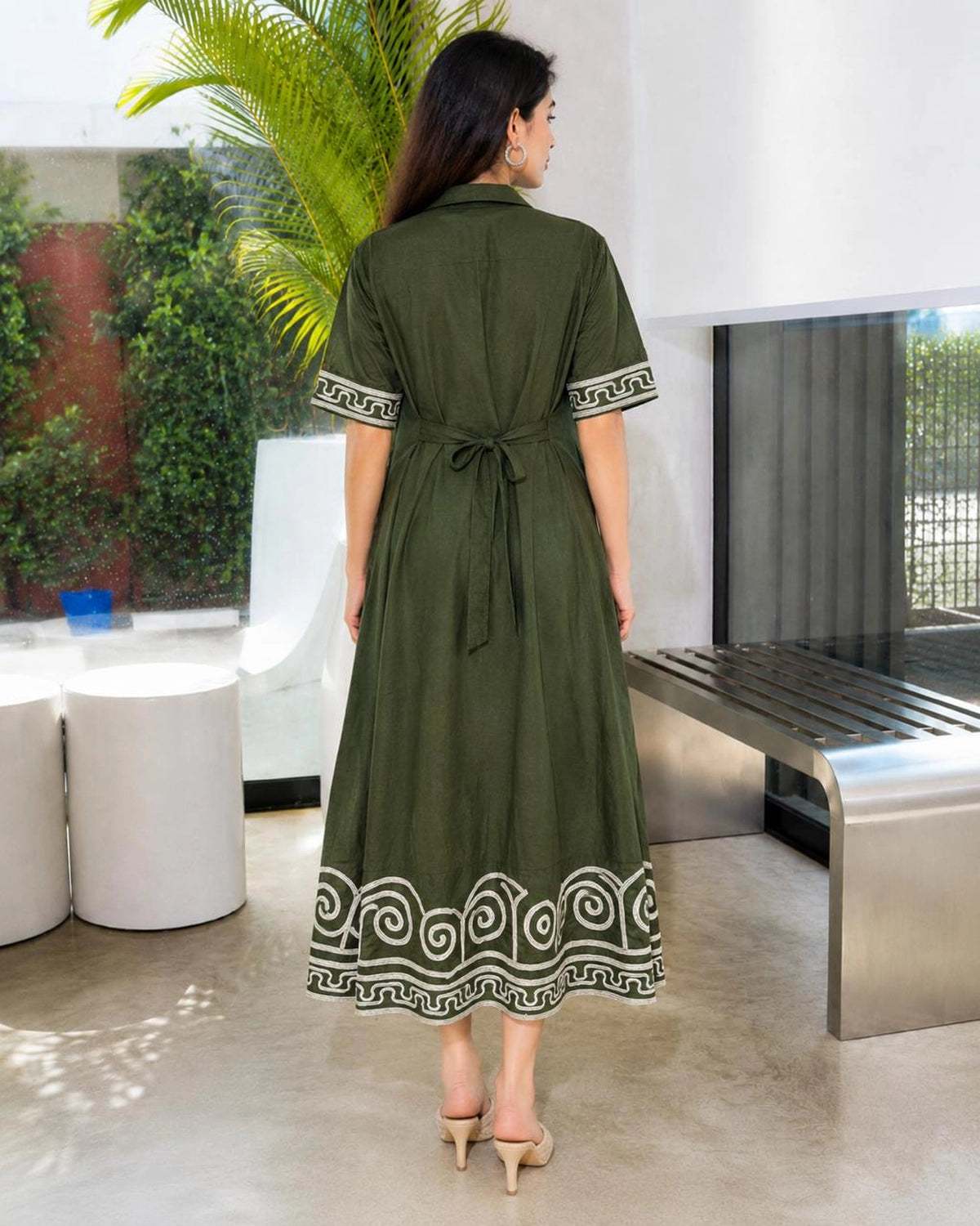 Spiral Border Print Collared Cotton Midi Shirt Dress
