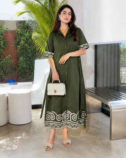 Spiral Border Print Collared Cotton Midi Shirt Dress