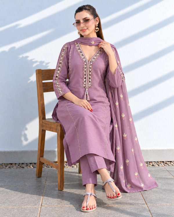 Mirror Embroidered Cotton Kurta Pant Dupatta Set