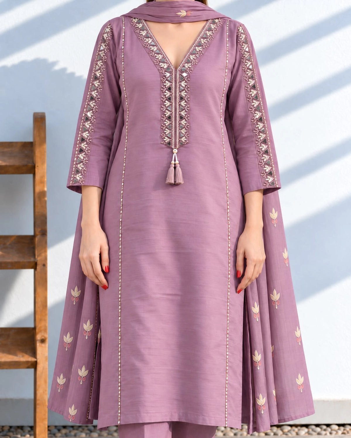 Mirror Embroidered Cotton Kurta Pant Dupatta Set