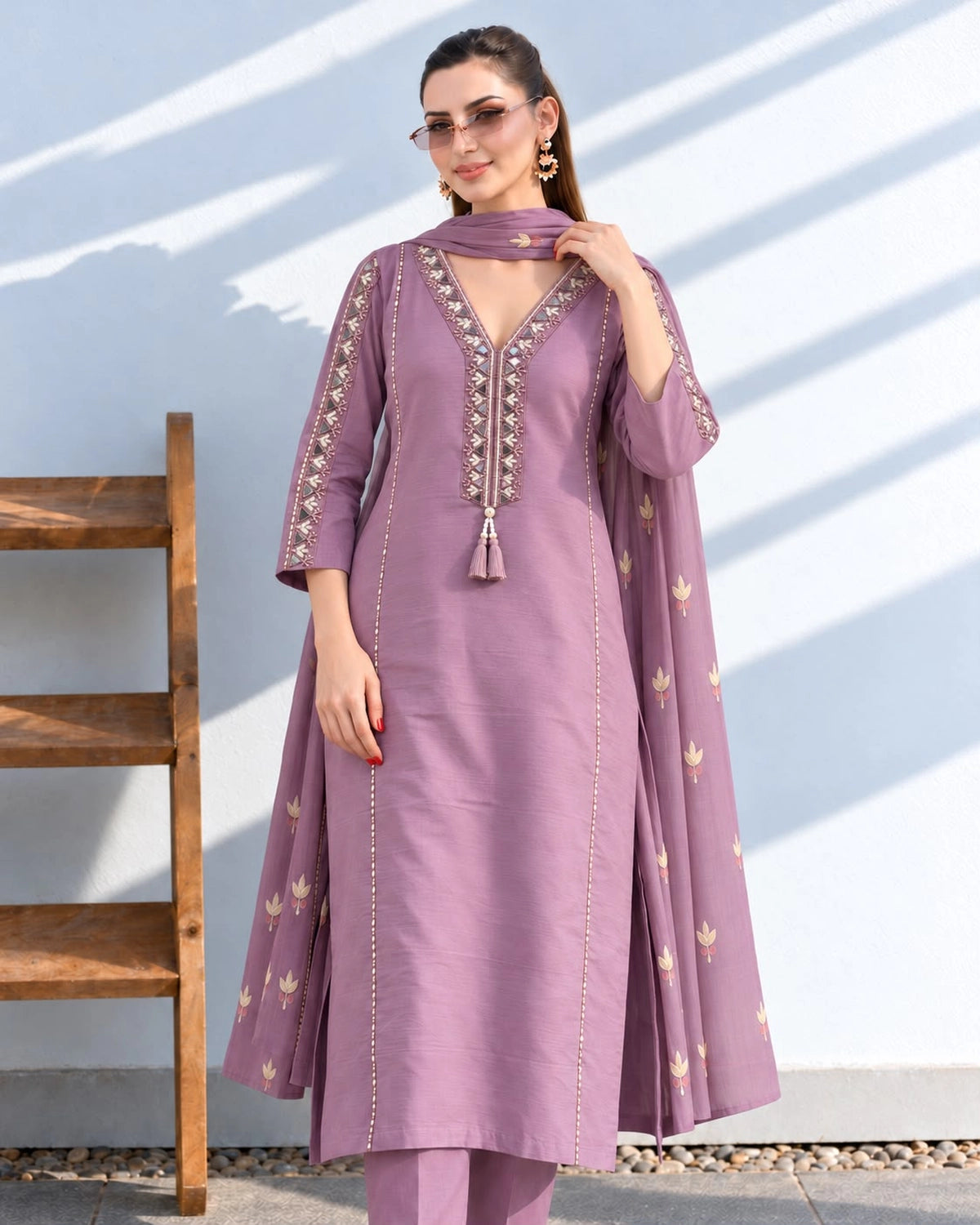 Mirror Embroidered Cotton Kurta Pant Dupatta Set