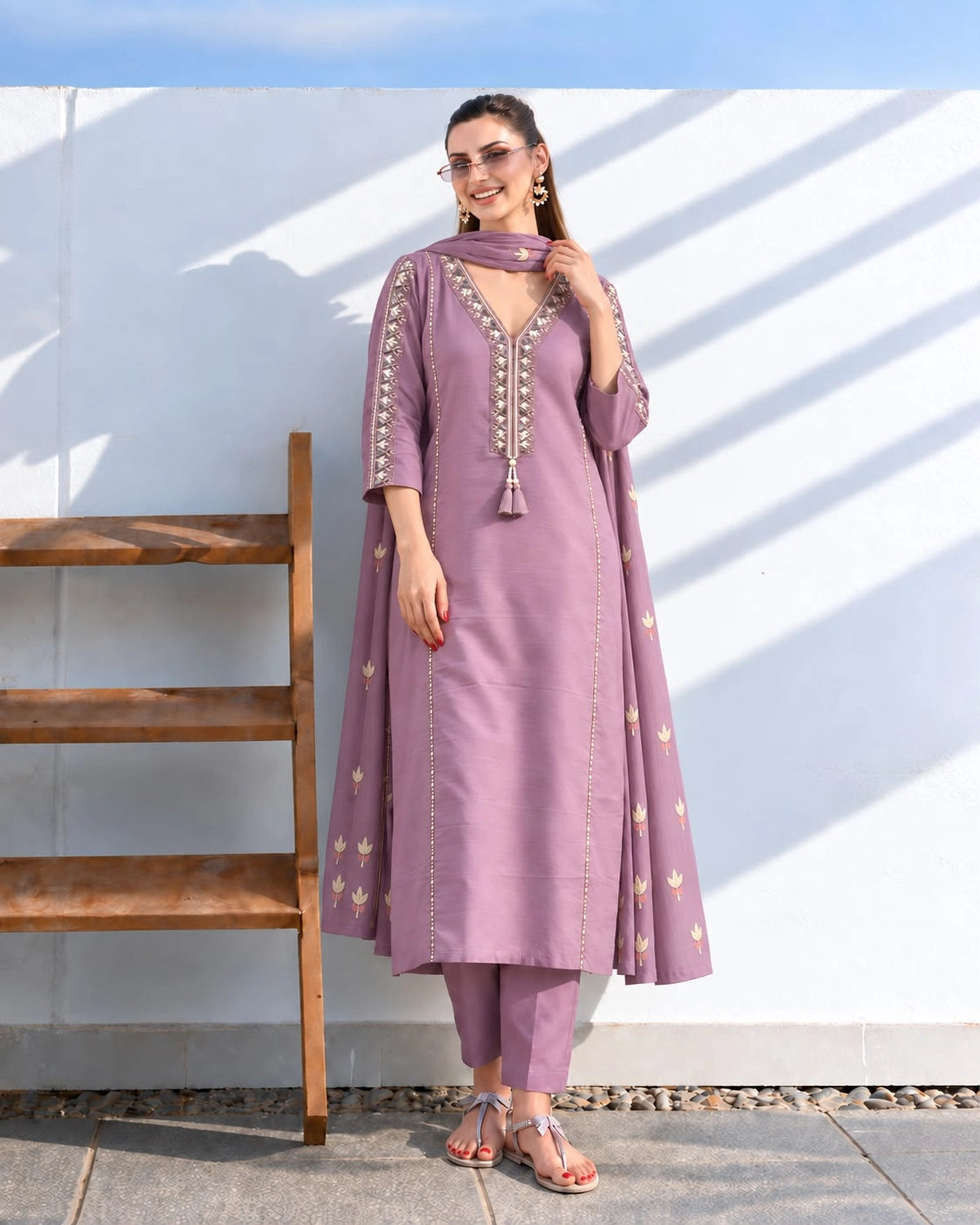 Mirror Embroidered Cotton Kurta Pant Dupatta Set