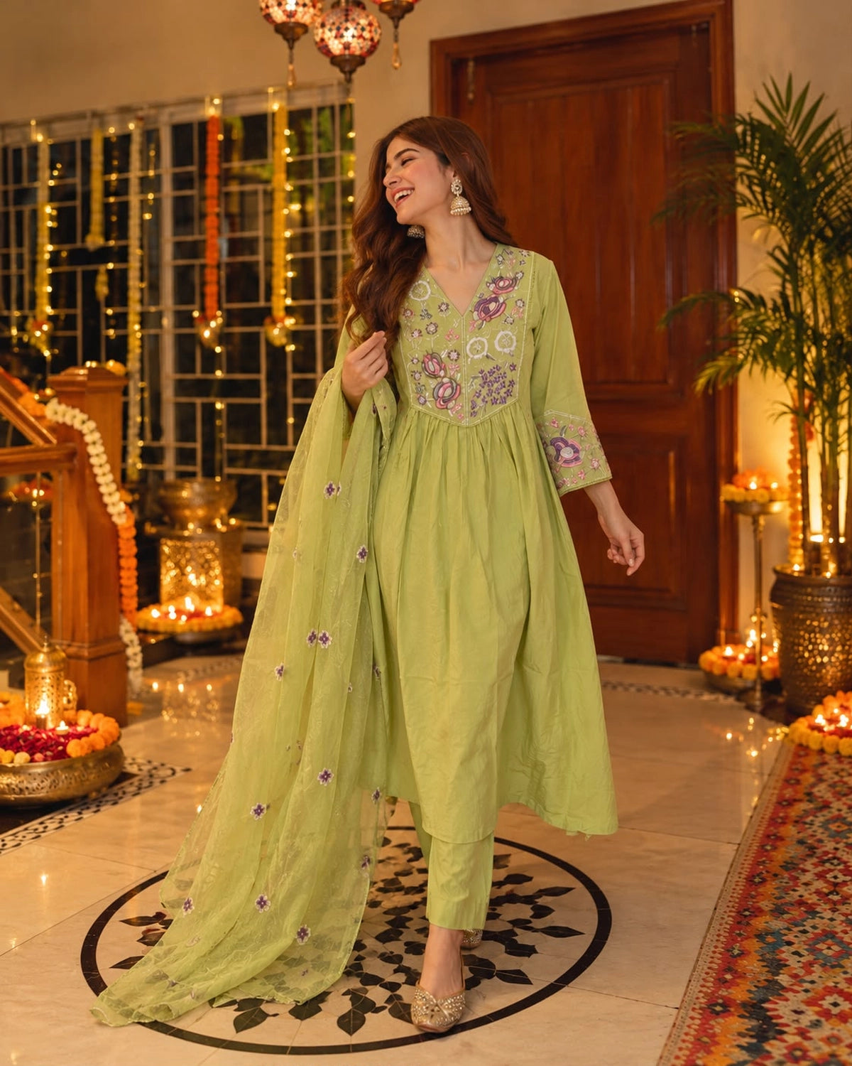 Multicolour Floral Embroidered Cotton Anarkali Kurta Pant Dupatta Set
