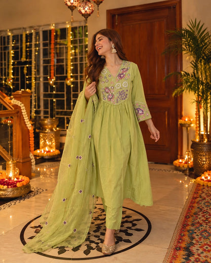 Multicolour Floral Embroidered Cotton Anarkali Kurta Pant Dupatta Set