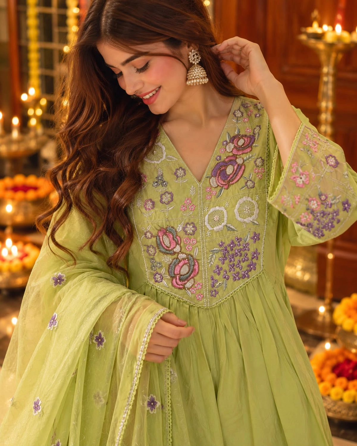 Multicolour Floral Embroidered Cotton Anarkali Kurta Pant Dupatta Set