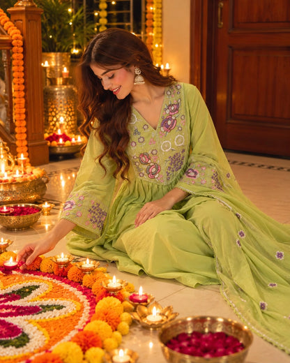 Multicolour Floral Embroidered Cotton Anarkali Kurta Pant Dupatta Set