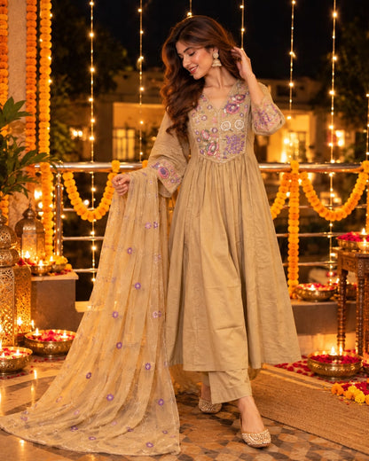 Multicolour Floral Embroidered Cotton Anarkali Kurta Pant Dupatta Set