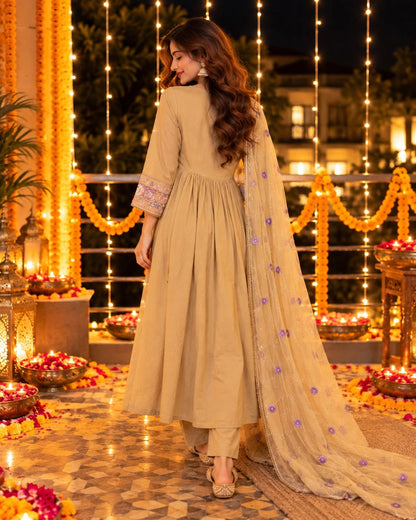 Multicolour Floral Embroidered Cotton Anarkali Kurta Pant Dupatta Set