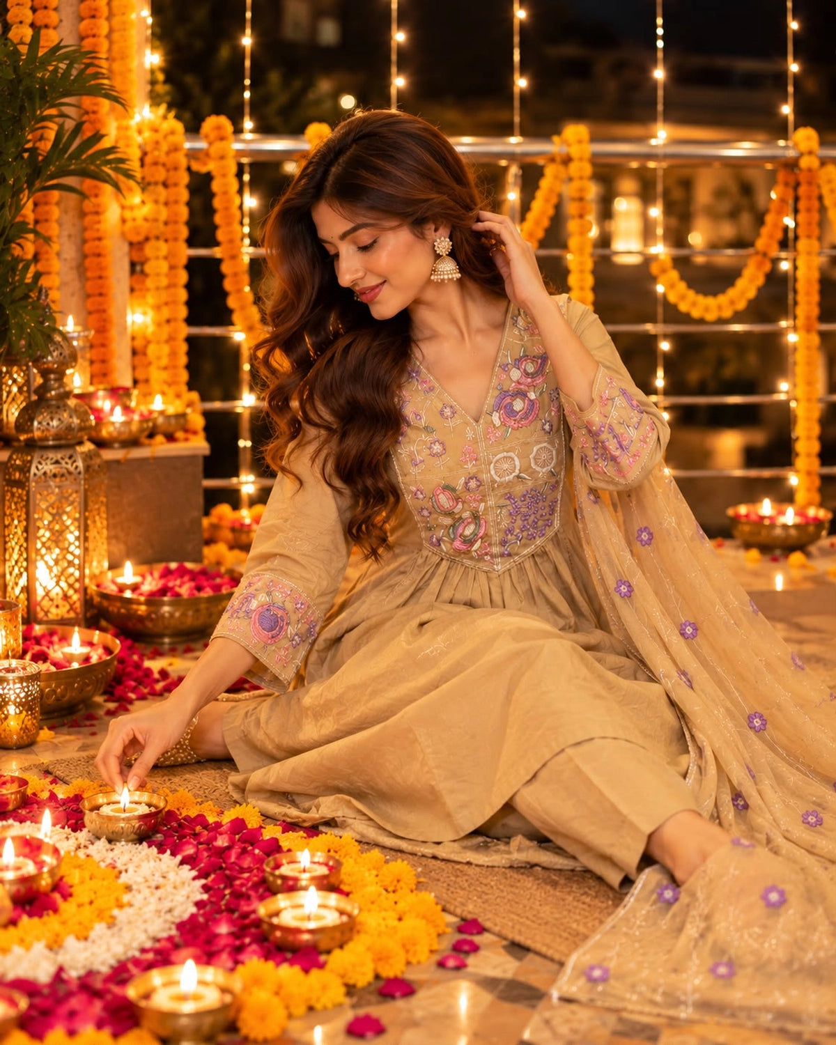 Multicolour Floral Embroidered Cotton Anarkali Kurta Pant Dupatta Set