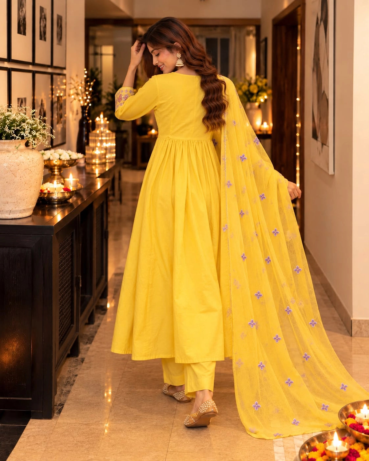 Multicolour Floral Embroidered Cotton Anarkali Kurta Pant Dupatta Set